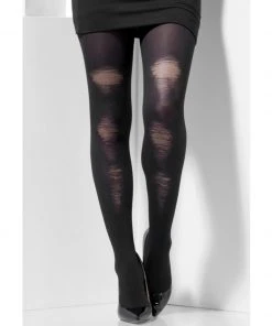 Fun Place Opaque Tights - Black With Distressed Detail Cosplay